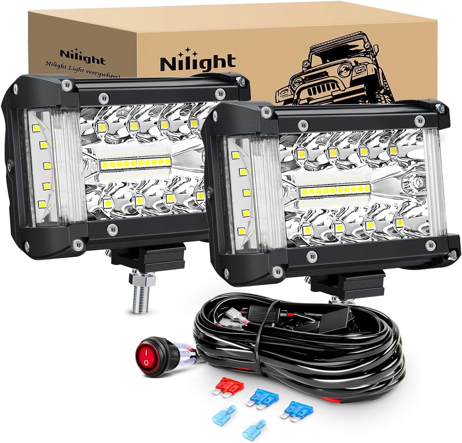 Nilight Side Shooter LED Light Bar 2PCS 4.3Inch Triple Row Spot Flood Combo Lights Led Work Light with Wiring Harness Kit for Off Road Fog Light Driving Light on Truck SUV ATV UTV, 2 Years Warranty