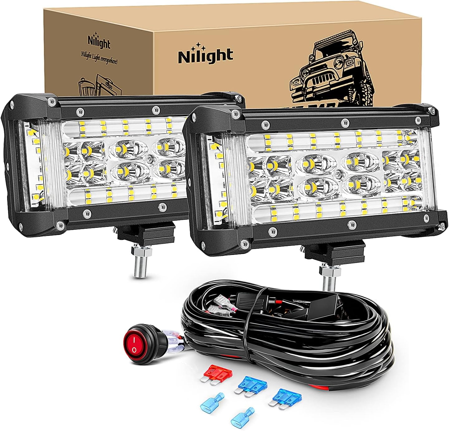 Nilight Side Shooter LED Light Bar 2PCS 5.5Inch Quadruple Row Spot Flood Combo Lights with Wiring Harness Kit for Fog Light Driving Light Work Light on Truck SUV ATV UTV, 2 Years Warranty