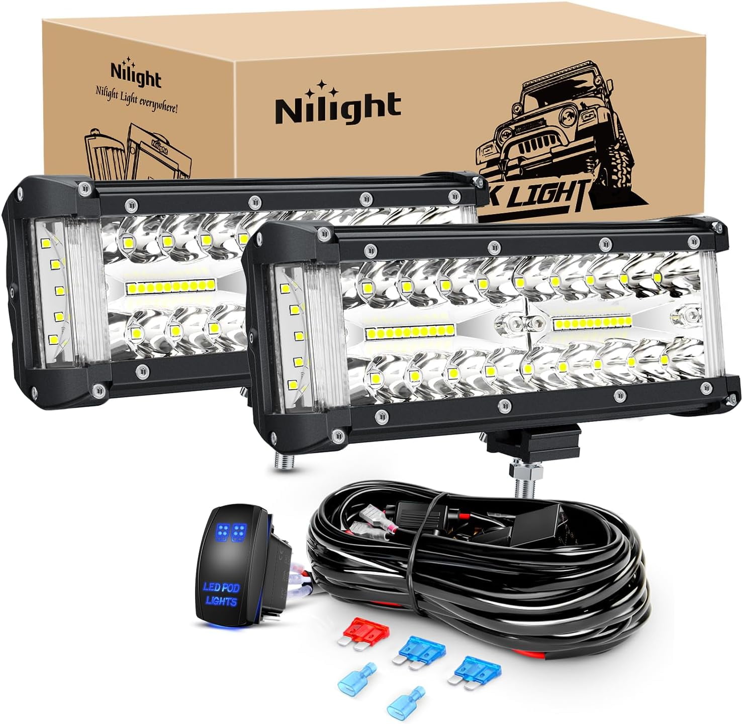 Nilight Side Shooter LED Light Bar 2PCS 7 Inch Triple Row Spot Flood Combo Lights Work Lighting with 5Pin Rocker Switch Wiring Harness Kit for Off Road Light on Truck SUV ATV UTV