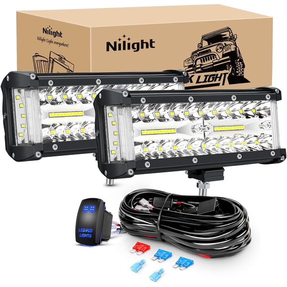 Nilight Side Shooter LED Light Bar 2PCS 7 Inch Triple Row Spot Flood Combo Lights Work Lighting with 5Pin Rocker Switch Wiring Harness Kit for Off Road Light on Truck SUV ATV UTV