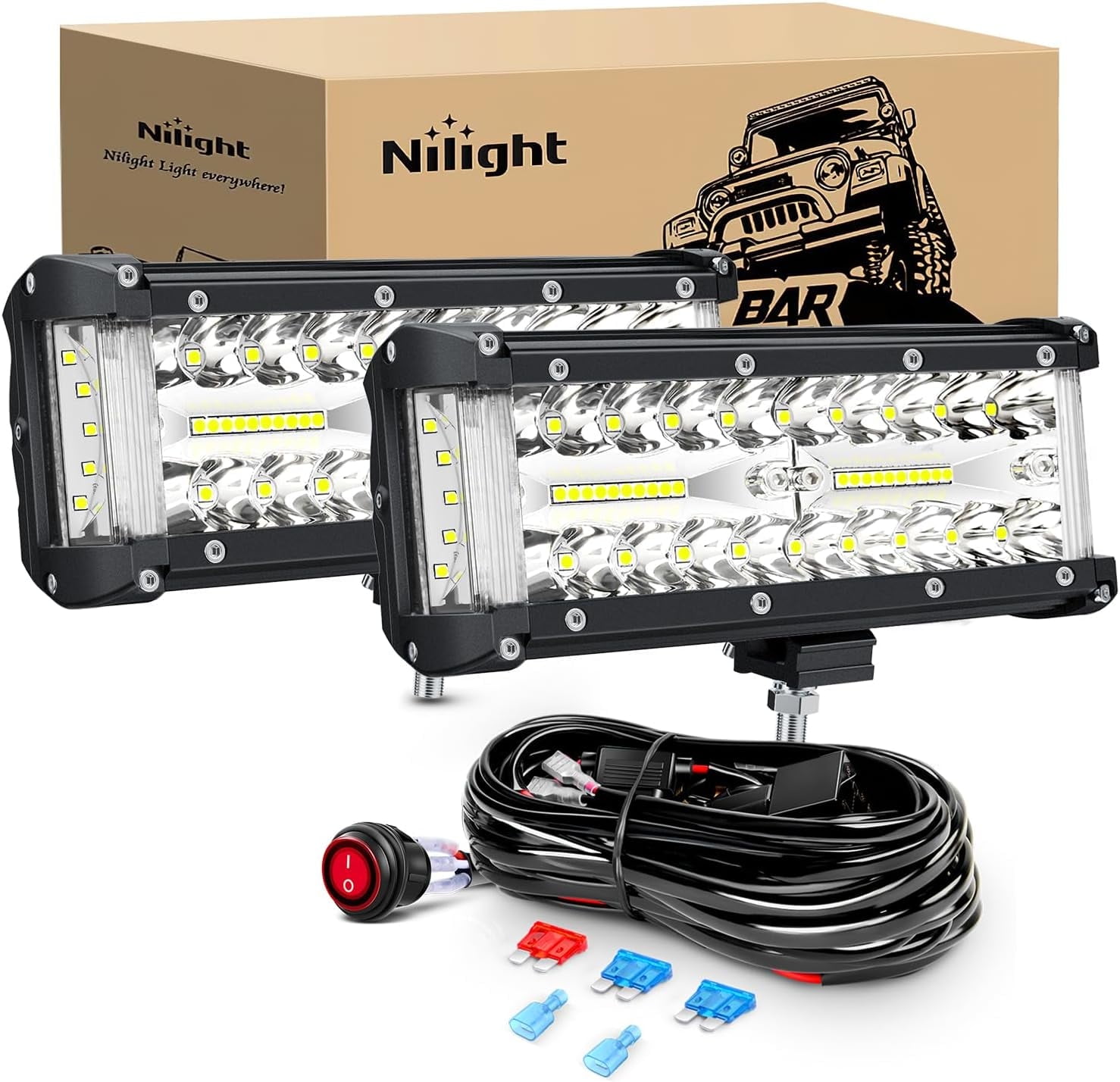 Nilight Side Shooter LED Light Bar 2PCS 7inch Triple Row Spot Flood Combo Lights Led Work Light With Wiring Harness Kit For Off Road Fog Light Driving Light On Truck SUV ATV - View #7