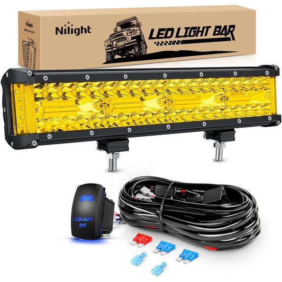 Nilight Side Shooter Light Bar 12Inch Triple Row Spot Flood Combo Yellow Beam Work Lights with 5Pin Rocker Switch Wiring Harness Kit for Off-Road Lighting on Truck SUV ATV UTV