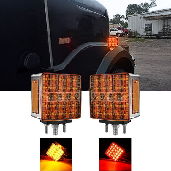 Square Dual Fender Light 2Pcs 52Led Amber/Red Stop/Warning Lamps with 3 Pin Connector for Mack Kenworth Freightliner Truck Trailer Bus