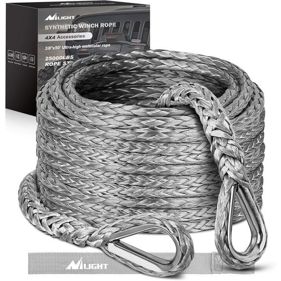 Nilight Synthetic Winch Rope Extension 3/8 Inch x 50 Feet 25,000 Lbs ATV Winch Extension Cable Replacement Tow Ropes Line for Off Road Vehicle Polaris ATV UTV Truck SUV Jeep, Grey