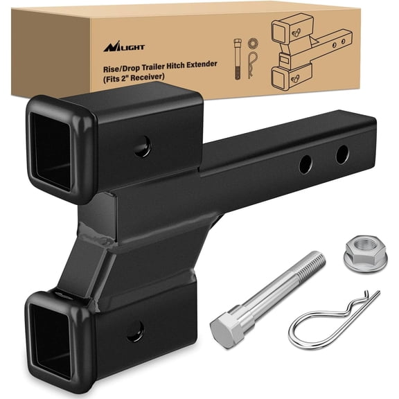 Nilight Trailer Dual Hitch Extender for 2 Inch Receiver with 2" 4" Rise or Drop with Bolt Nut Clip 10,000 lbs Capacity Adjustable Extend 8" 10" Length Matte Black Powder Coated