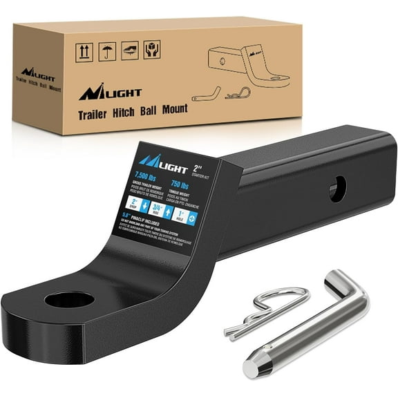 Nilight Trailer Hitch Ball Mount with 5/8" Hitch Pin Clip Fits 2 inch Receiver Square 7500 lbs 2" Drop, 3/4” Rise, 1” Hole, Gloss Black Powder Coat