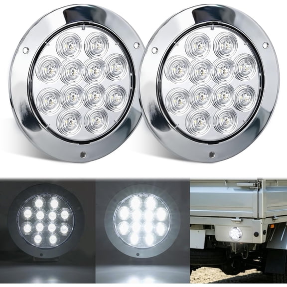 Nilight Trailer Tail Light 2PCS 4Inch Round 12 LED White Chrome Frame Marker Clearance Reverse Backup Running Taillight IP67 Waterproof for Trailer Truck Pickup Camper RV