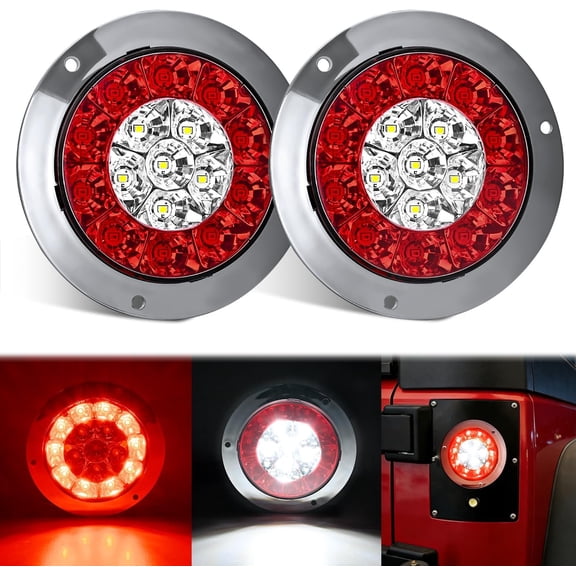Nilight Trailer Tail Light 2PCS 4Inch Round 16 LED Red White Chrome Frame Marker Clearance Stop Brake Reverse Backup Running Taillight IP67 Waterproof for Trailer Truck Pickup Camper RV
