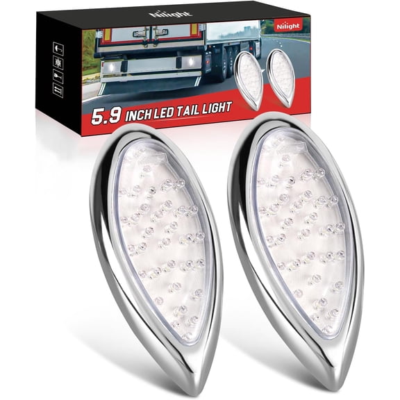 Nilight Trailer Tail Light 2PCS 5.9Inch Teardrop 35 LED White Chrome Bezel Marker Clearance Reverse Backup Running Taillight IP67 Waterproof for Trailer Truck Pickup Camper RV