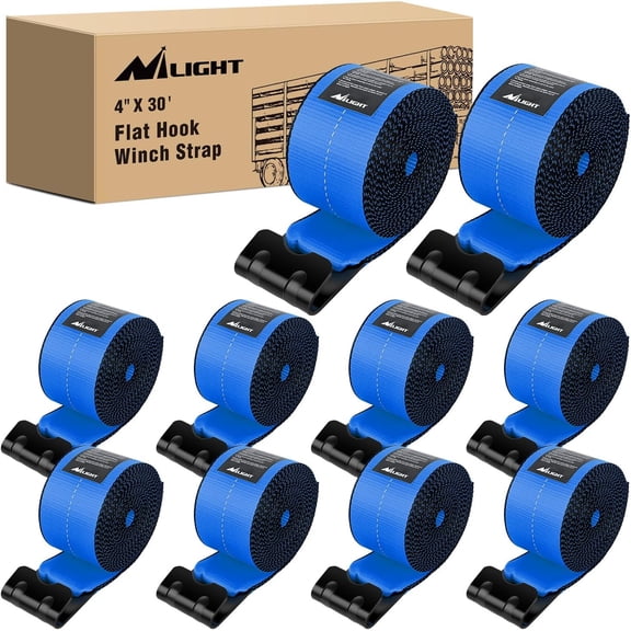 Nilight Truck Straps 4" x 30' Heavy Duty Tie Down with Flat Hooks 16800LBS Break Strength & 5400LBS WLL for Flatbed Trailer Cargo Control Recovery Tree Saver Bright Blue (10 Pack)