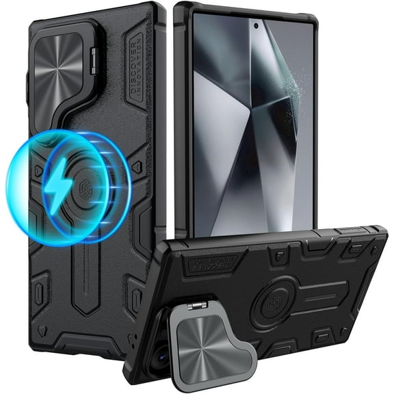 Nillkin for Samsung Galaxy S24 Ultra Magsafe Case with Len Stand, Compatible with Magsafe Wireless Charging, Military Grade Shockproof Portective, Soft TPU Frame and PC Shell Cover, Black
