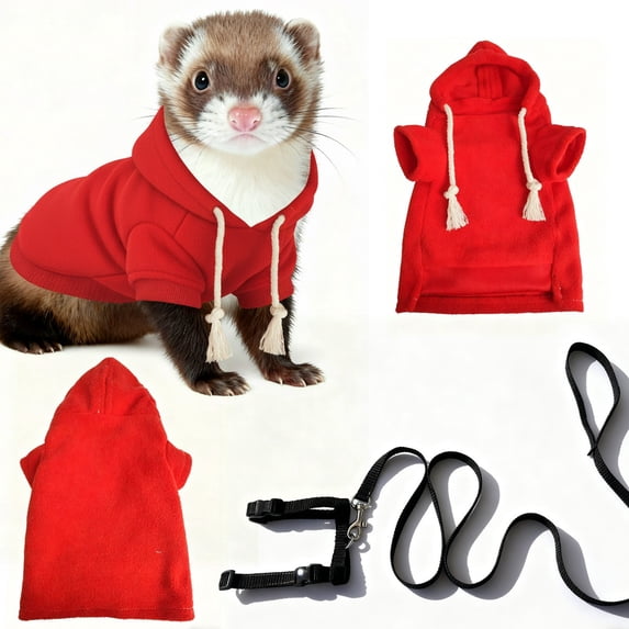 Nilnehc Ferret Harness and Leash Set,Warm Hoodie Outdoor Walking Clothes with Escape-Proof 110cm Nylon Leash,Red