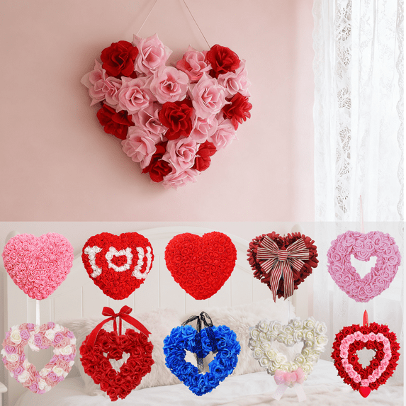 Nilvkv 14.17Inch Heart Wreath, Valentines Day Decorations Fake Flower Rose Hanging Garland for Wedding Anniversary Party Supplies Home Decor