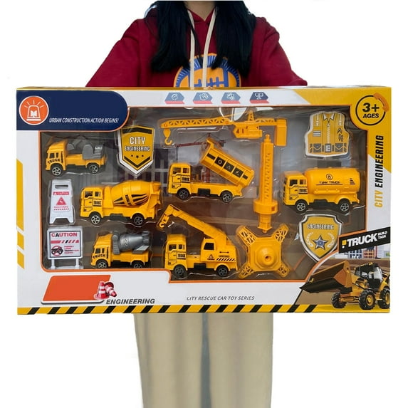 Nilvkv 14 in 1 Crane Excavator Dump Cement Truck Toy Set, Push and Go Vehicle Car Toy, Kids Birthday Gifts for Over 3 Years Old Boys