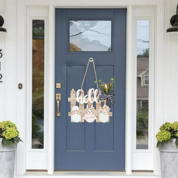 Nilvkv 2PC/11" Happy Easter Hanging Sign, Wooden Wall Decor Bunny Eggs Bow Door Hanging Wreaths for Indoor Outdoor Home Decor, Easter Decorations