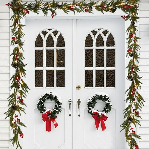 Nilvkv Artificial Christmas Garlands,5.9ft Green Rattan with Red Flower Decorations and LED Lights for Home Stairs Fireplace Front Porch Door Display Indoor Outdoor Christmas Decor