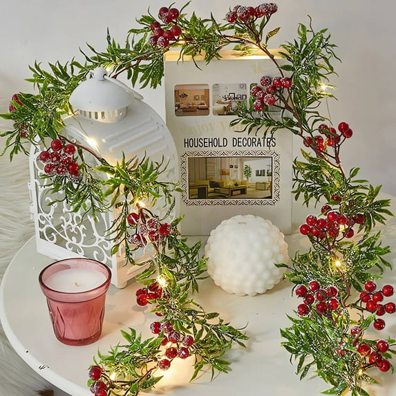 Nilvkv Artificial Christmas Garlands,6.6ft Green Rattan with Green Fruit Decorations for Home Stairs Fireplace Front Porch Door Display Indoor Outdoor Christmas Decor