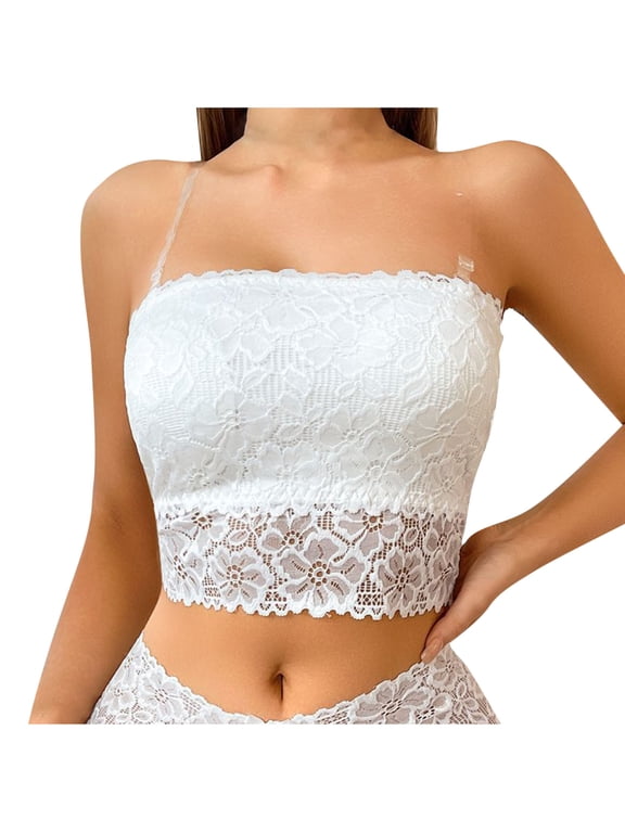 Bandeau Bra, Wireless Bras for Women, Solid Lace Wireless Trim Bandeau Back Mesh Seamless Everyday Bra White 34ABC