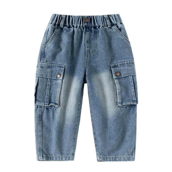Nilvkv Boys Cargo Pants, Jeans for Boys, Relaxed Fit Denim Trousers featuring Elastic Waist and Flap Pockets for Casual Everyday Blue 3-4 Years