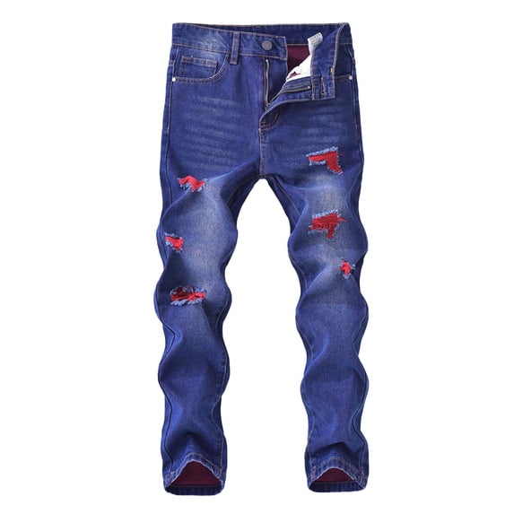 Nilvkv Boys Jeans, Jeans for Boys, Kids Distressed Stretchy Denim Pants Loose Fit Straight Leg Casual Summer Blue 13-14 Years