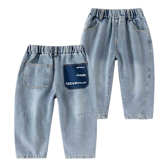 Nilvkv Boys Jeans, Kids Pants, Relaxed Fit Denim Cargo Trousers with Elastic Waist and Color Block Back Pocket for Casual Style Blue 5-6 Years