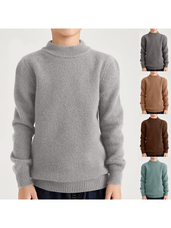 Boys Long Sleeve Shirts, Solid Mock Neck Thickened Knit Top with Ribbed Trim for Fall and Winter Layering 5-6 Years