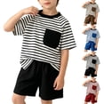 thumbnail image 1 of Nilvkv Boys Short Sets, Boys Summer Outfits, Striped Knit Short Sleeve T-Shirt and Solid Shorts Set Coffee 7-8 Years, 1 of 8
