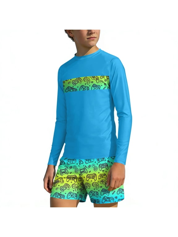 Boys Swim Set,Boys Bathing Suit,Long Sleeve Hawaiian Print Fast Dry Rash Guard Set Surfing Summer Beach Blue 11-12 Years