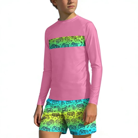Nilvkv Boys Swim Set,Boys Bathing Suit,Long Sleeve Hawaiian Print Fast Dry Rash Guard Set Surfing Summer Beach Pink 5-6 Years