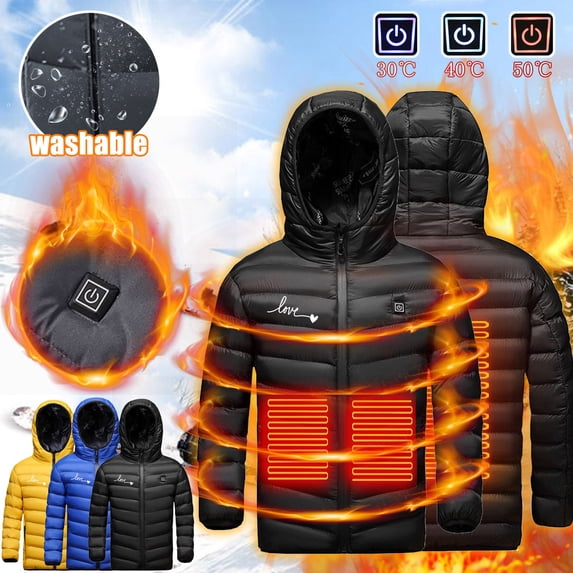 Nilvkv Boys Winter Jacket, Kids Jacket, 3-Zone Heating USB Smart Control Washable Heart Print Hooded Puffer Coat for Winter Warmth Blue 6-7 Years