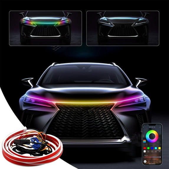 Nilvkv Car RGB LED Hood Light Strip 240cm APP Bluetooth Control Dynamic Flowing Daytime Running Lights, Car Accessories