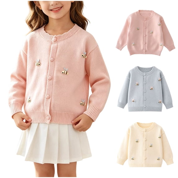 Nilvkv Cardigan for Girls, Sweaters for Girls, Crew Neck Button-Up Knit Cardigan with 3D Bee Applique for Spring and Fall Wear Blue 5-6 Years