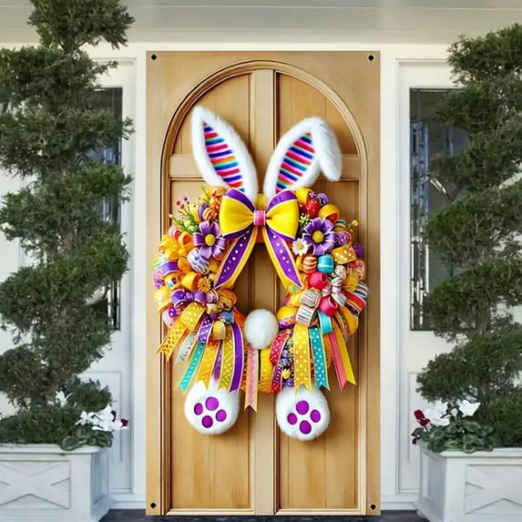 Nilvkv Colorful Easter Bunny Wreath Door Cover Festive and Adorable Polyester Hanging Decoration for Front Door Indoor Outdoor Holiday Party