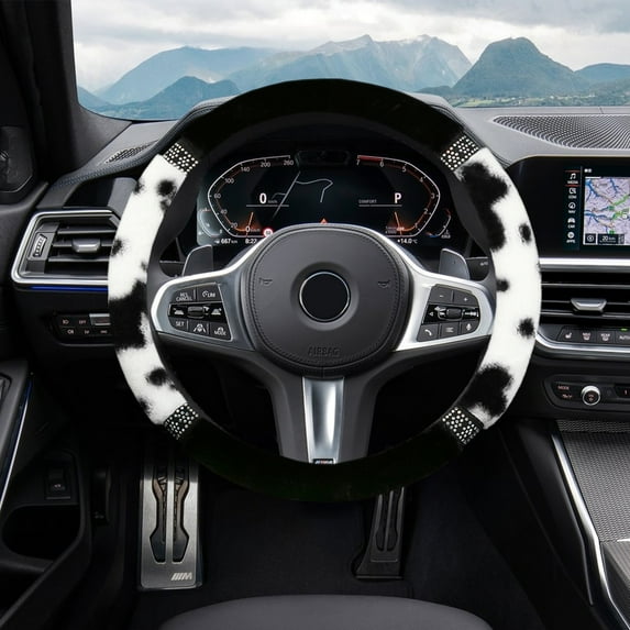 Nilvkv Cow Print Rhinestone Fluffy Steering Wheel Cover No Inner Ring Winter Warm Plush Handle Grip for Women Pink, Car Accessories