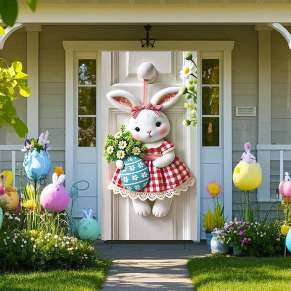 Nilvkv Easter Decor, Easter Bunny Eggs Door Cover Banners, 180x90cm, Spring Flowers Blue Bow Pastel Design, for Home Indoor Outdoor Holiday Decoration