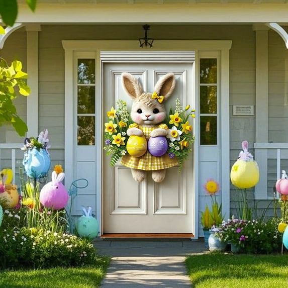 Nilvkv Easter Decor, Easter Bunny Eggs Door Cover Banners, 180x90cm, Spring Flowers Blue Bow Pastel Design, for Home Indoor Outdoor Holiday Decoration