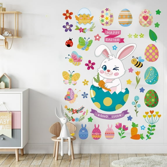 Nilvkv Easter Decorations, Removable Wall Stickers Pack Bunny Eggs Radish Decor for Bedroom Living Room Holiday Peel and Stick Decals Kids Room