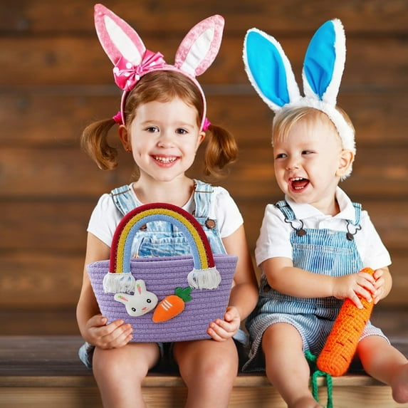 Nilvkv Easter Decorations, Woven Decorative Basket with Bunny & Carrot Colorful Snack Organizer Desktop Storage for Toys Holiday Home Decor