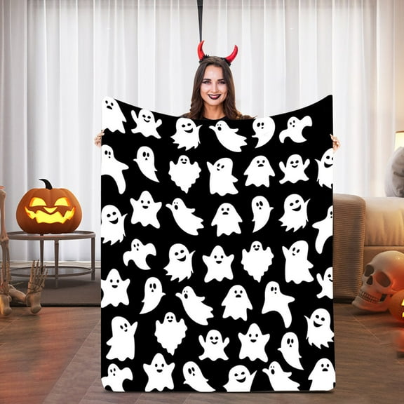 Nilvkv Flannel Halloween Cute White Ghost Festival Shawl Blanket Nap Blanket 130 and 150, Halloween Decorations, Home Decor