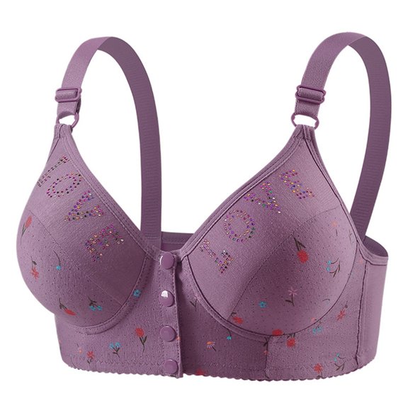 Nilvkv Front Closure Bras for Women, Plus Size Bras, Thin Wireless Shaping Breathable Floral Print Plus Size Front Closure Push Up Everyday Intimate Purple 36BC