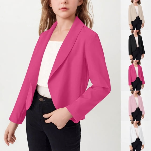 Nilvkv Girls Blazer, Girls Jacket, Solid Color Open Front Cropped Blazer with Lapel Collar for School Wear Pink 5-6 Years