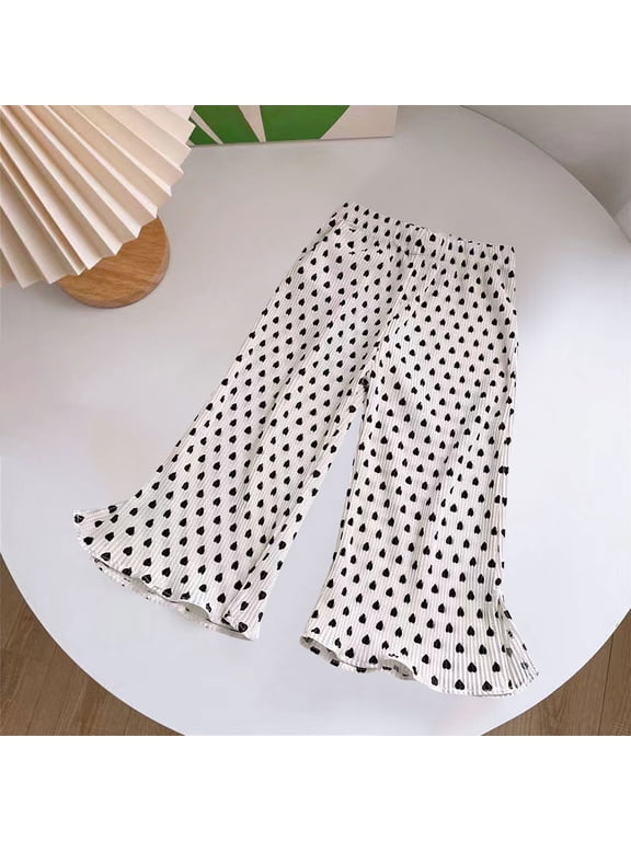 Girls Flare Pants, Girls Pants, Heart Print Bell Bottoms with Split Hem for Summer Casual Days White 8-9 Years