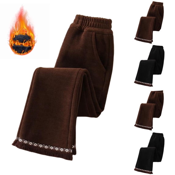 Nilvkv Girls Flare Pants, Girls Sweatpants, Fleece-Lined Corduroy Wide Leg Trousers featuring Elastic Waist and Patterned Hem for Winter Black 13-14 Years