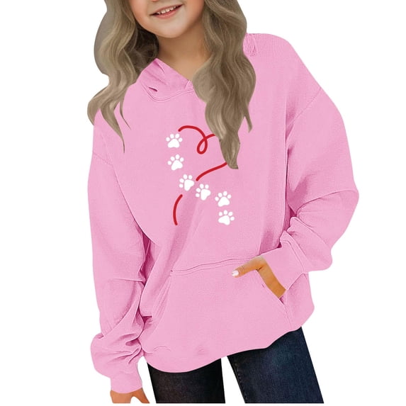 Nilvkv Girls Hoodie, Girls Sweatshirt, Fall and Winter Wear Long Sleeve Pocket Pullover with Heart Paw Print Pink 7-8 Years