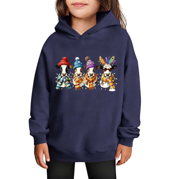 Nilvkv Girls Hoodie, Girls Sweatshirt, Hooded Pullover with Christmas Cow Print and Pocket for Winter Wear Blue 4-5 Years