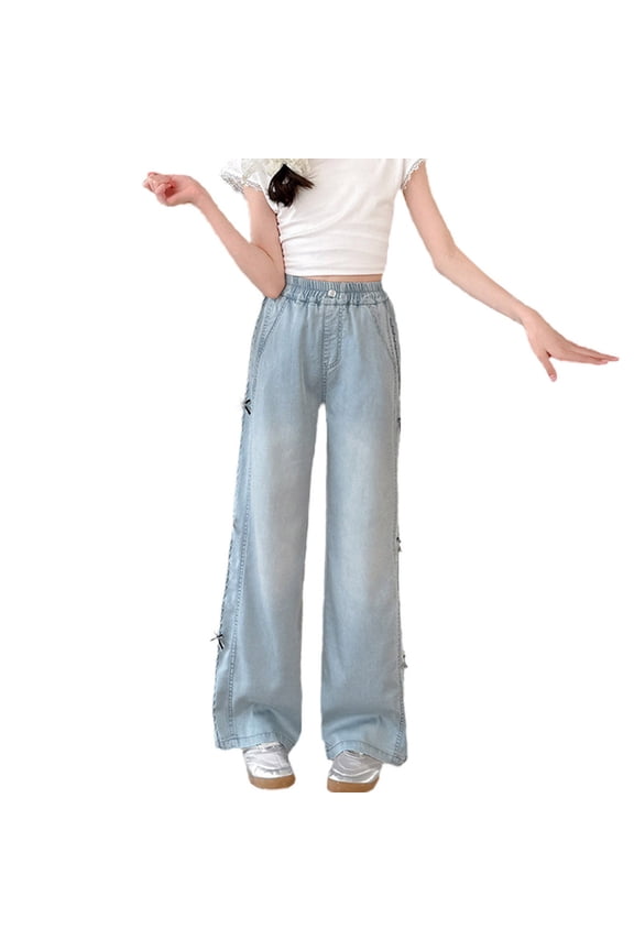 Girls Jeans, Jeans for Girls, Kids Bow Detail Slim Fit Lyocell Wide Leg Denim Pants Ice Silk Casual Blue 5-6 Years
