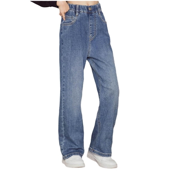 Nilvkv Girls Jeans, Jeans for Girls, Solid Color Stretchy Elastic Waist Loose Fit Wide Leg Denim Pants Casual Daily Blue 3-4 Years