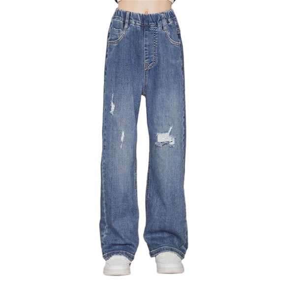 Nilvkv Girls Jeans, Jeans for Girls, Solid Color Stretchy Elastic Waist Loose Fit Wide Leg Denim Pants Casual Daily Blue 9-10 Years