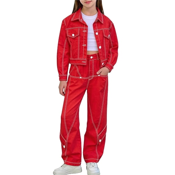 Nilvkv Girls Matching Sets, Girls Summer Outfits, Kids Solid Long Sleeve Denim Jacket Wide Leg Jeans Set Red 3-4 Years