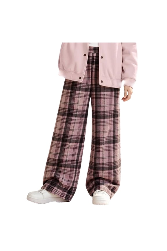 Girls Pants, Pants for Girls, Kids Checked Wool Blend Wide Leg Pants Thickened Elastic Waist Casual Winter Pink 4-5 Years